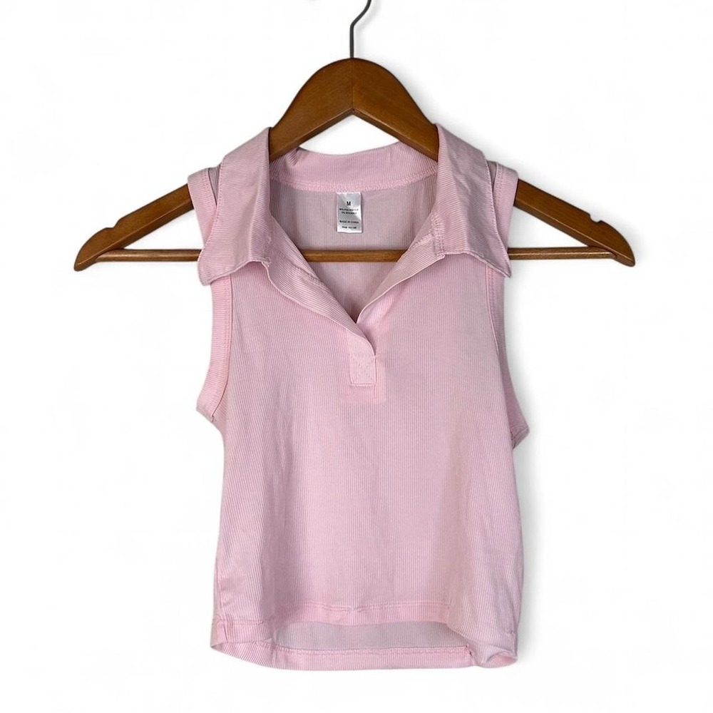 Cute Coquette Casual Summer Beach Bum Dainty Baby Pink Collared Crop Top